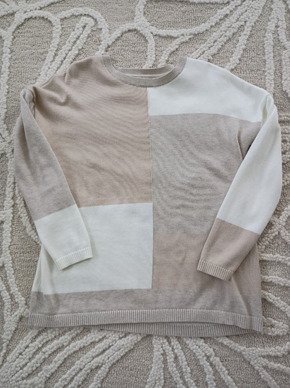 J.Jill Neutral Colorblock Crewneck Sweater - Cream and Tan